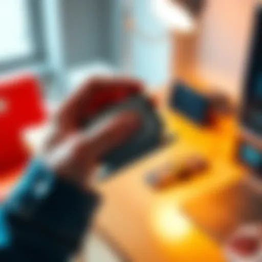 A person holding a sleek Ledger Flex cold wallet in their hand, showcasing its modern design and user-friendly interface, with a blurred background of a desk.