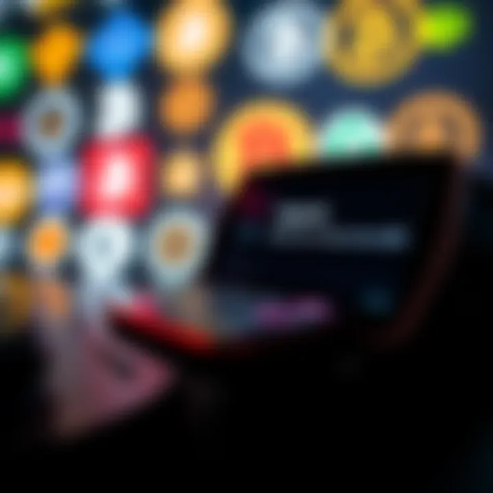 A close-up view of a Ledger hardware wallet displaying an upgrade notification, with various cryptocurrency logos in the background