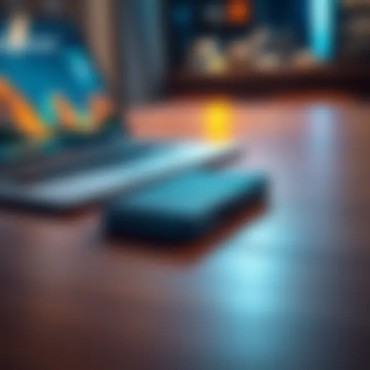 A Ledger Nano S cryptocurrency wallet placed on a wooden table with a laptop in the background.