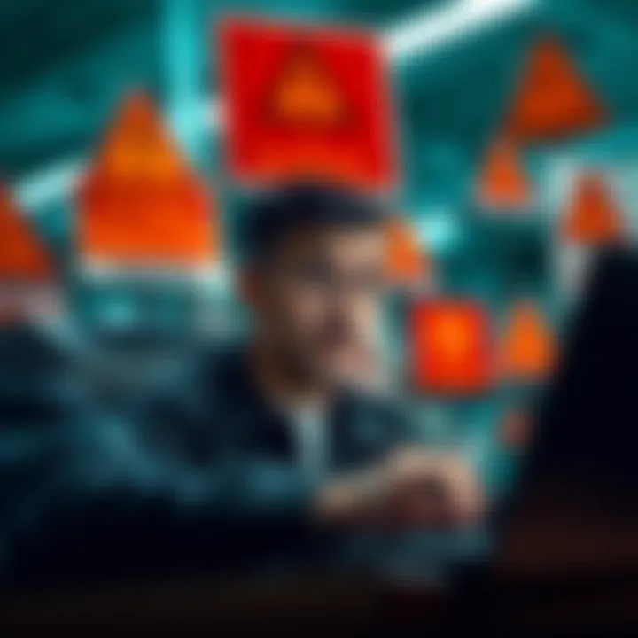 A person looking concerned while viewing cryptocurrency exchange websites on a laptop, with warning signs in the background.