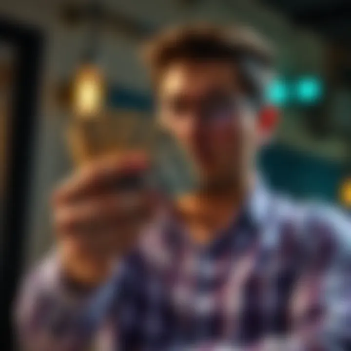 A person holds cash while thinking about lending it for quick profit, contemplating risks and rewards.