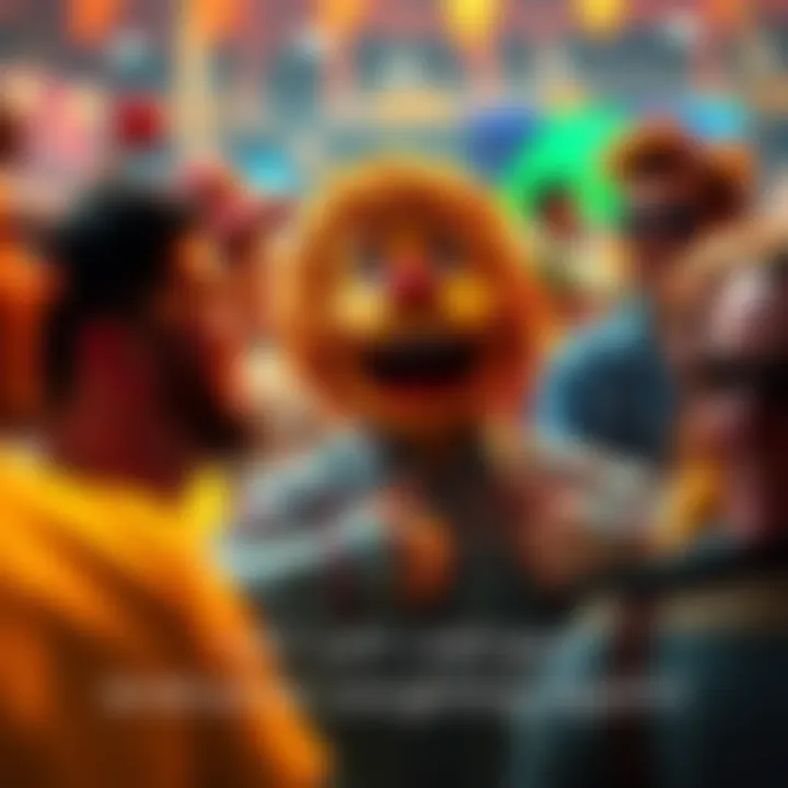 A cheerful scene of Leo entertaining a crowd with funny antics, causing smiles and laughter.