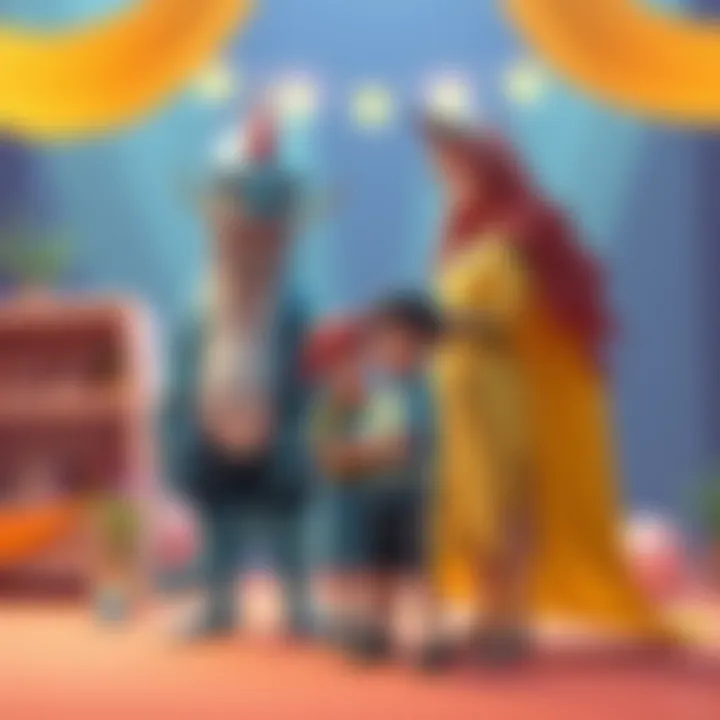 Leviathan and Rapi stand together, showcasing their unique parenting styles as they interact with children in a vibrant setting.