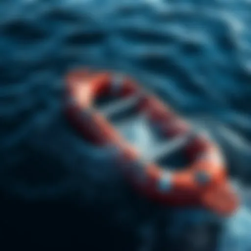 A life raft floating in water, showing signs of malfunction during an emergency escape attempt.
