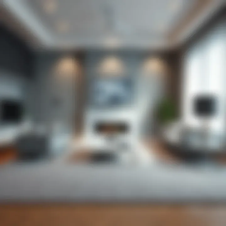 A side-by-side comparison of light gray and dark gray carpets in a stylish living room setting.