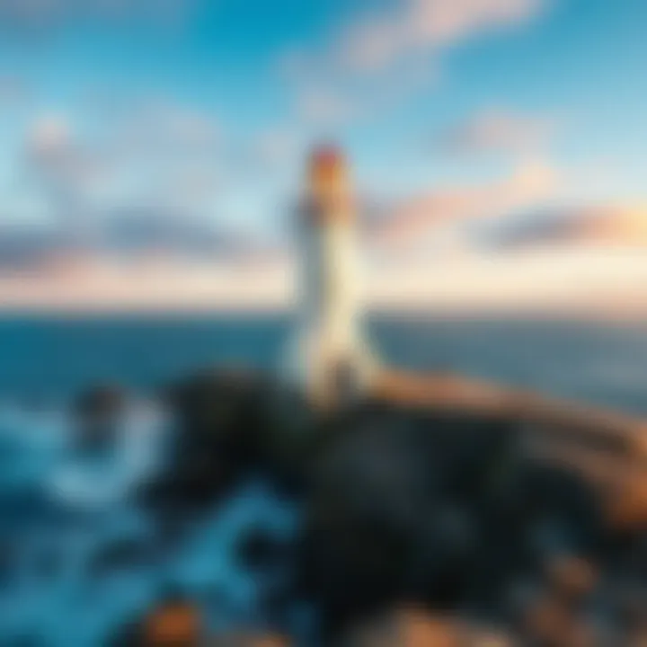A view of the iconic lighthouse standing on the rocky coast of Peggy's Cove with waves crashing nearby.