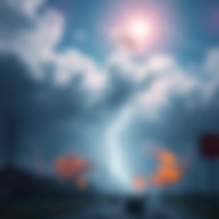 A scene showing chaotic moments as lightning strikes with clouds above, capturing various unfortunate events caused by the lightning.