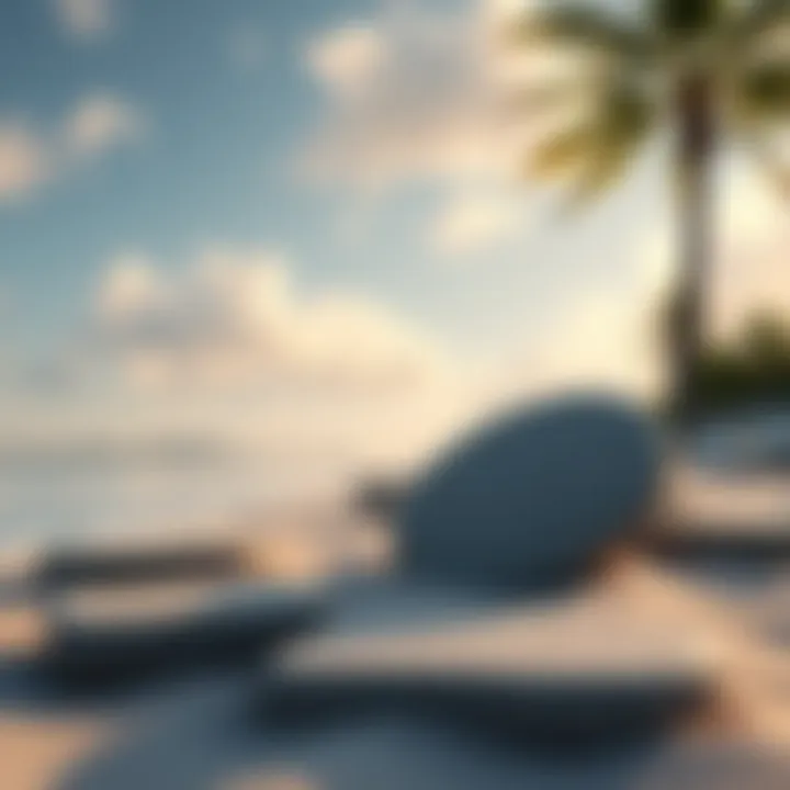 A group of large limestone discs used as currency on Yap Island, placed on a sandy beach with palm trees in the background.