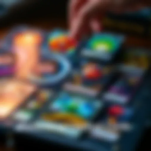 A close-up view of Limited Cards displayed in a collector's album, showcasing various designs and colors, with a hand reaching to pick one out.