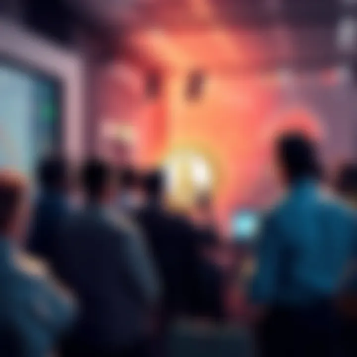 Graphic showing people discussing Litecoin in a forum setting with charts and graphs in the background.