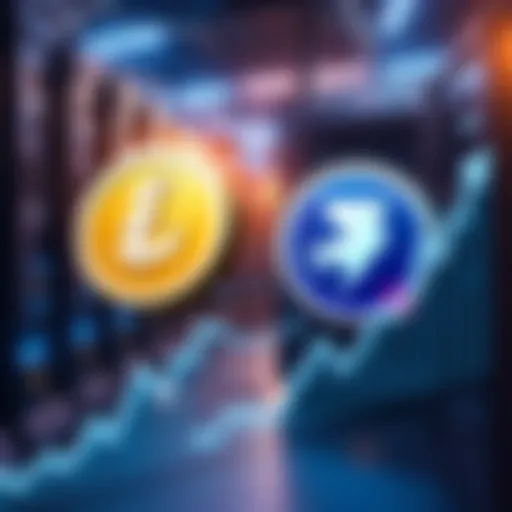 Illustration showing Litecoin and Dogecoin logos with mining rigs in the background and a graph indicating rising demand.