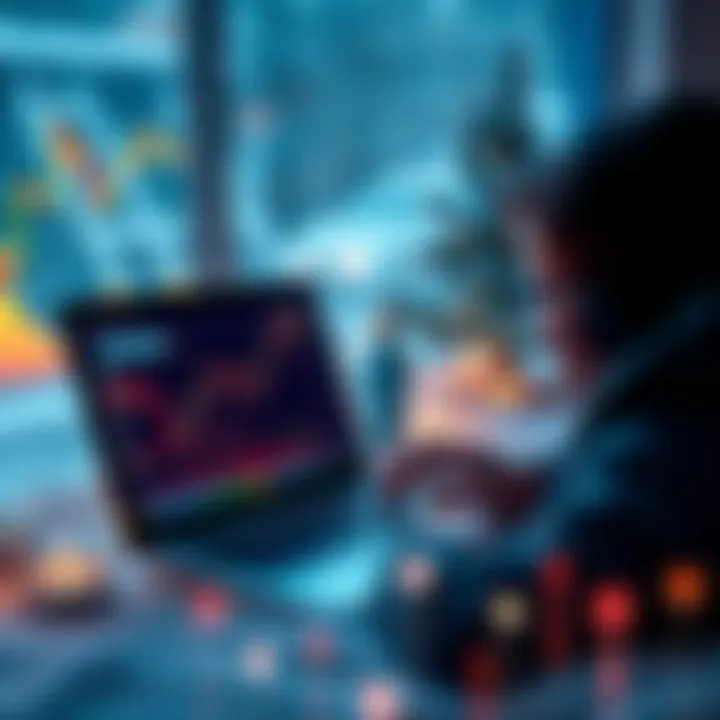 A person analyzing Litecoin charts on a laptop during a crypto winter, surrounded by finance-related graphics.