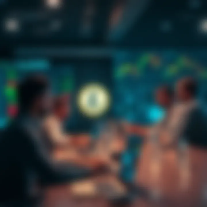 A group of people discussing Litecoin trading strategies and technical analysis at a table with laptops and charts.