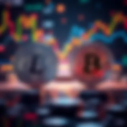 A digital representation comparing Litecoin prices at two points, $40.79 and $50.94, with cryptocurrency graphics in the background.
