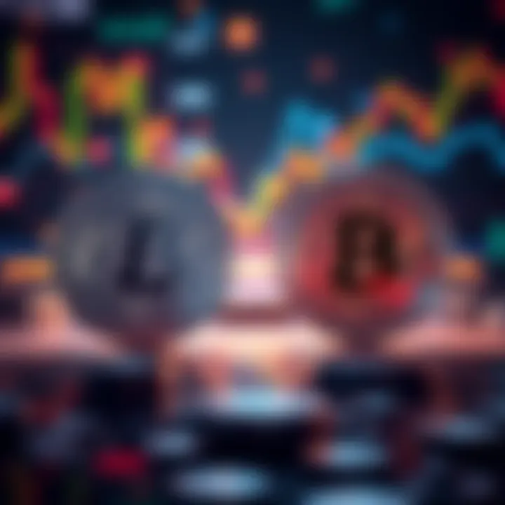 Litecoin Price Comparison A digital representation comparing Litecoin prices at two points, $40.79 and $50.94, with cryptocurrency graphics in the background.