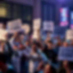 A group of passionate LiteCoin holders gathering, holding signs calling for a price surge to $1000, showing excitement and determination.