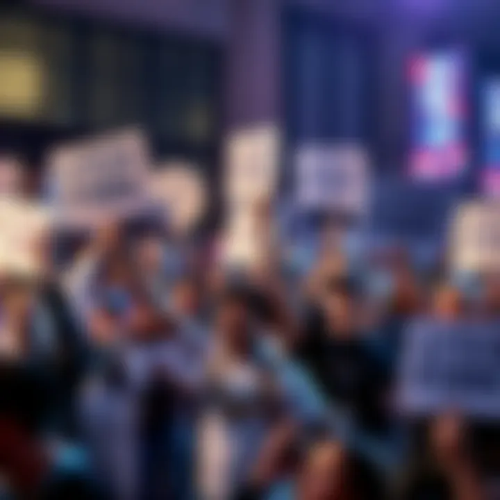 A group of passionate LiteCoin holders gathering, holding signs calling for a price surge to $1000, showing excitement and determination.