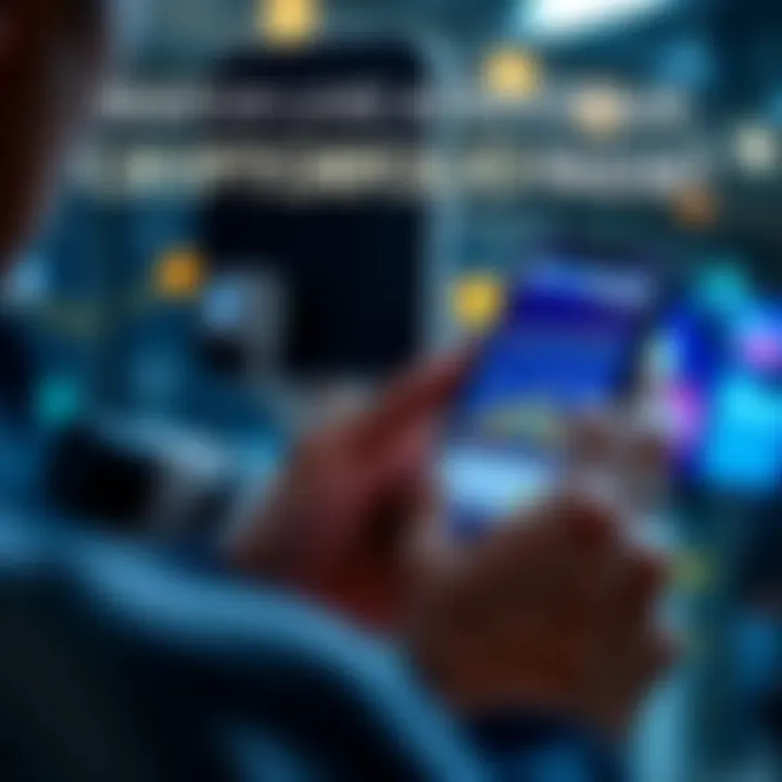 A person checking their smartphone displaying real-time cryptocurrency market data and graphs
