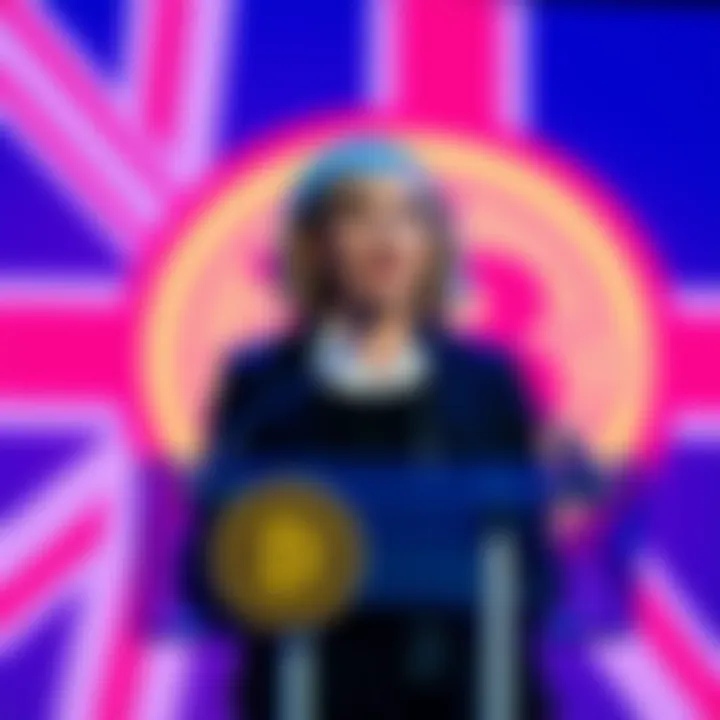 Liz Truss speaking at a podium, advocating for Bitcoin to help the UK's currency issues, with a Bitcoin logo in the background.