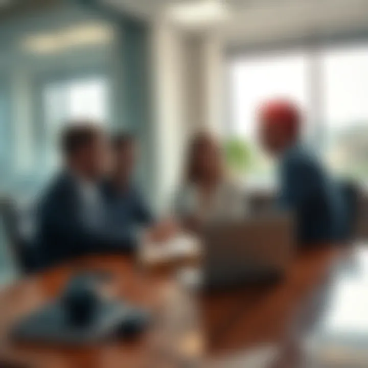 Lobbyists discussing strategies in a Washington DC office with documents and a laptop on the table.