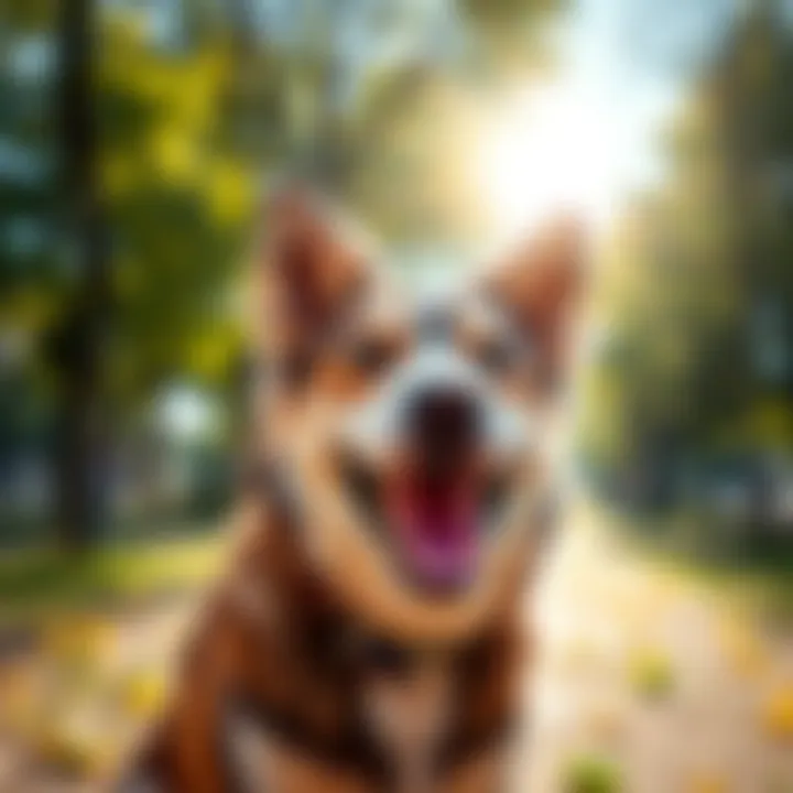 Loken, a happy dog, playing in a sunny park with a big smile, capturing joy and charm