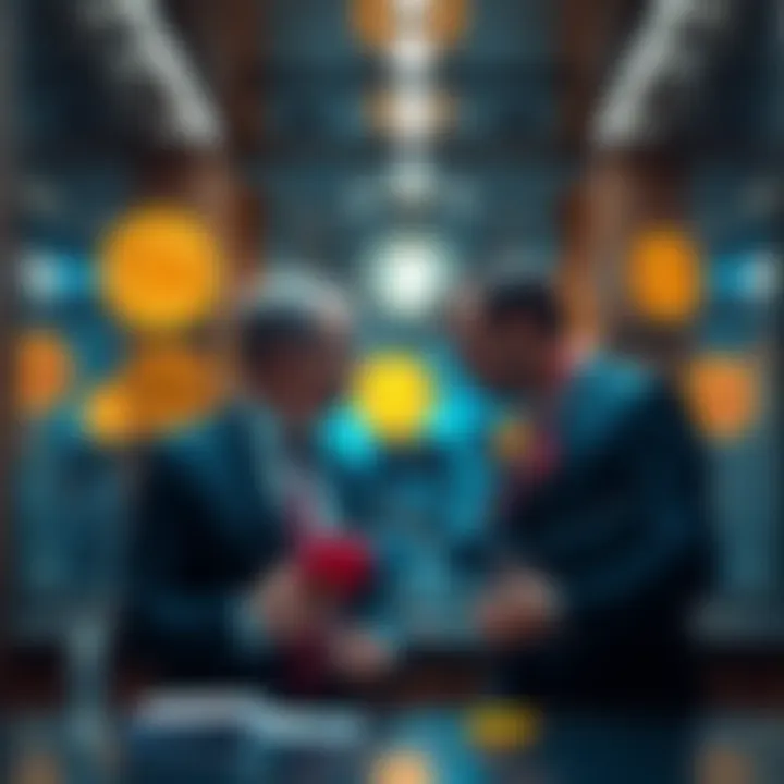 A person discussing Lombard loans with a banker in a Swiss bank, with Bitcoin symbols in the background.