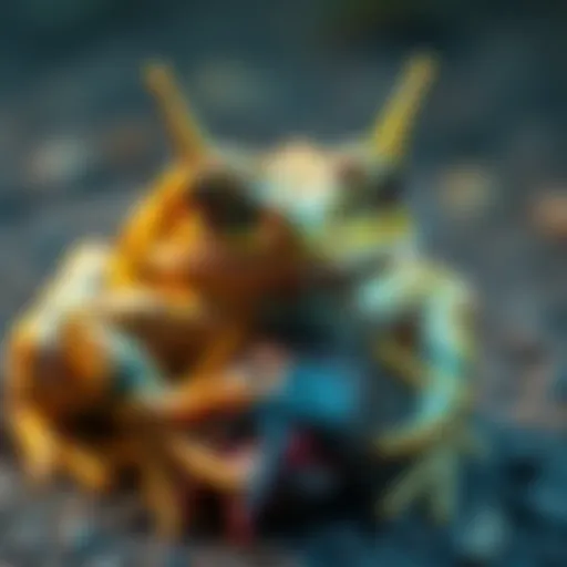 A Long Nose Horned Frog feeds on its prey, showcasing its unique eating behavior in a natural setting.