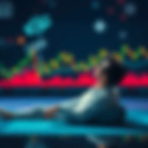 A graphic representation of a long-term liquidity provider's investment strategy, showcasing a relaxing person reflecting on their 1.5-year stake in ThetaSwap, with charts and graphs in the background indicating market trends and earning potential.