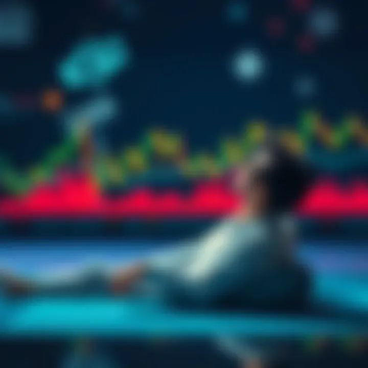 A graphic representation of a long-term liquidity provider's investment strategy, showcasing a relaxing person reflecting on their 1.5-year stake in ThetaSwap, with charts and graphs in the background indicating market trends and earning potential.