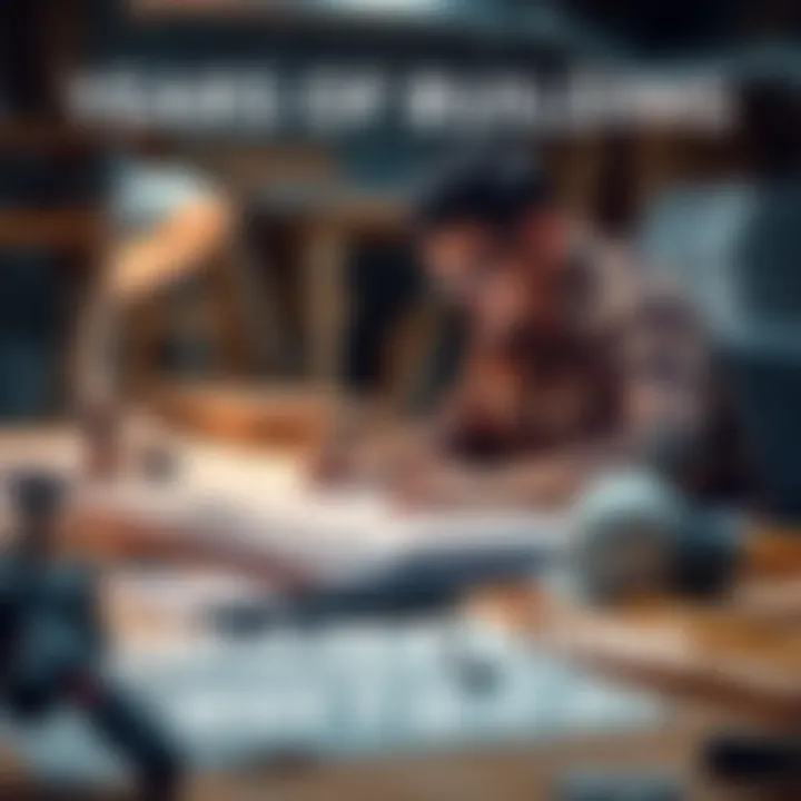 A focused individual reviewing plans and notes at a desk, surrounded by project materials and tools