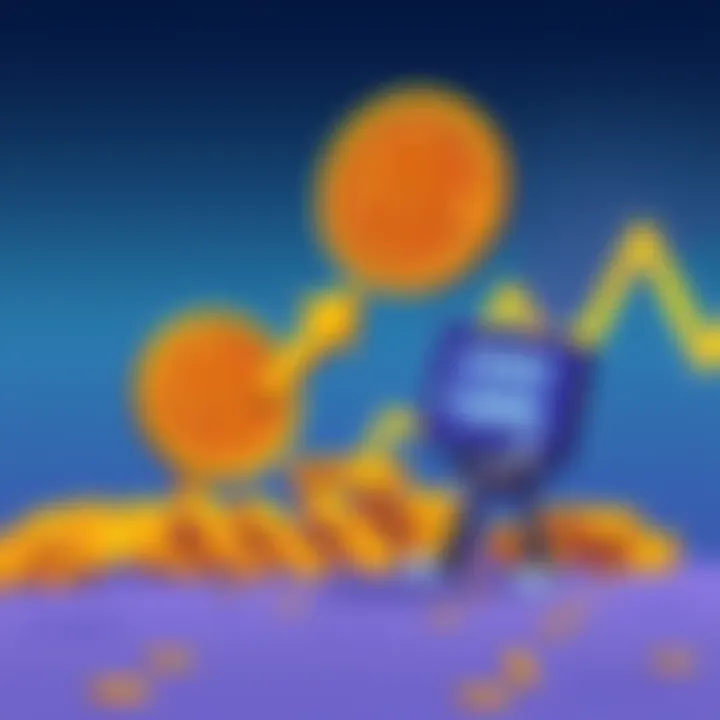 Illustration showing a Bitcoin logo with a downward arrow signifying financial loss and a sad character representing Saylorboy, looking at a screen displaying falling cryptocurrency values.