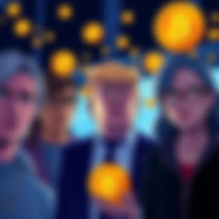 Illustration showing people looking concerned over financial loss with cryptocurrency symbols