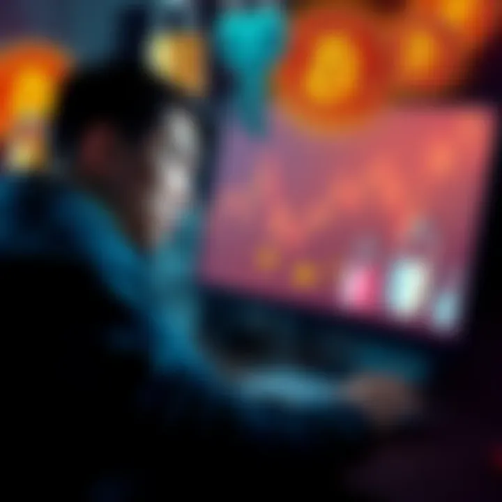 A person looking at a computer screen with a worried expression, surrounded by images of Bitcoin coins and locked wallets, symbolizing lost access to cryptocurrency.