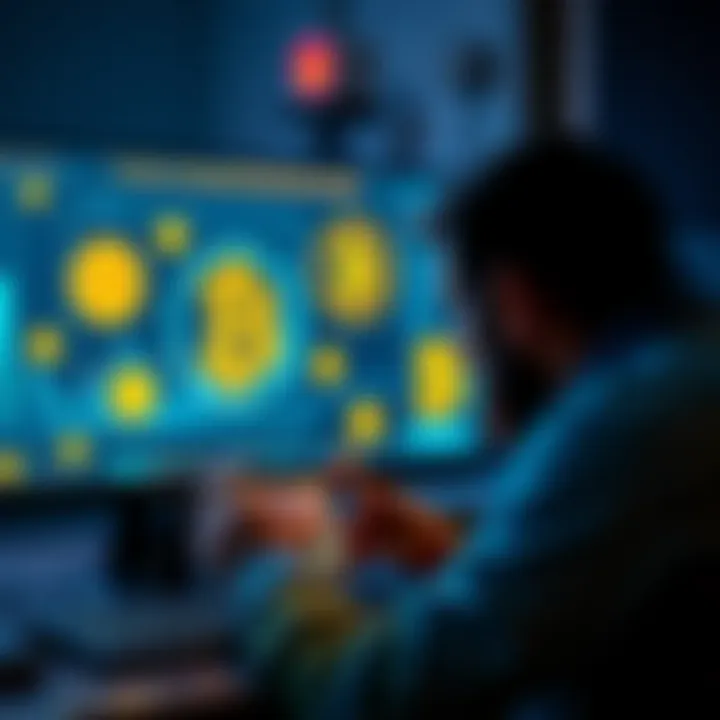 A person looking at a computer screen with a digital wallet and bitcoin symbols, searching for a deceased family member's bitcoin assets.