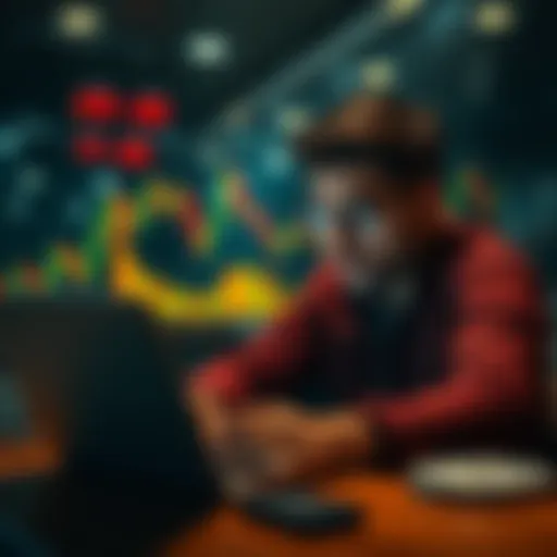 A concerned individual looking at fluctuating crypto market graphs on a laptop, reflecting confusion and frustration over recent losses.
