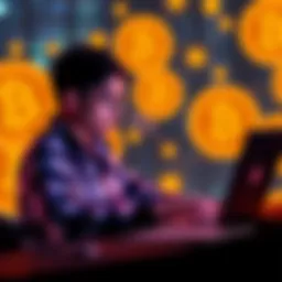 A person using a laptop to explore low fee Bitcoin buying options, with Bitcoin symbols in the background.