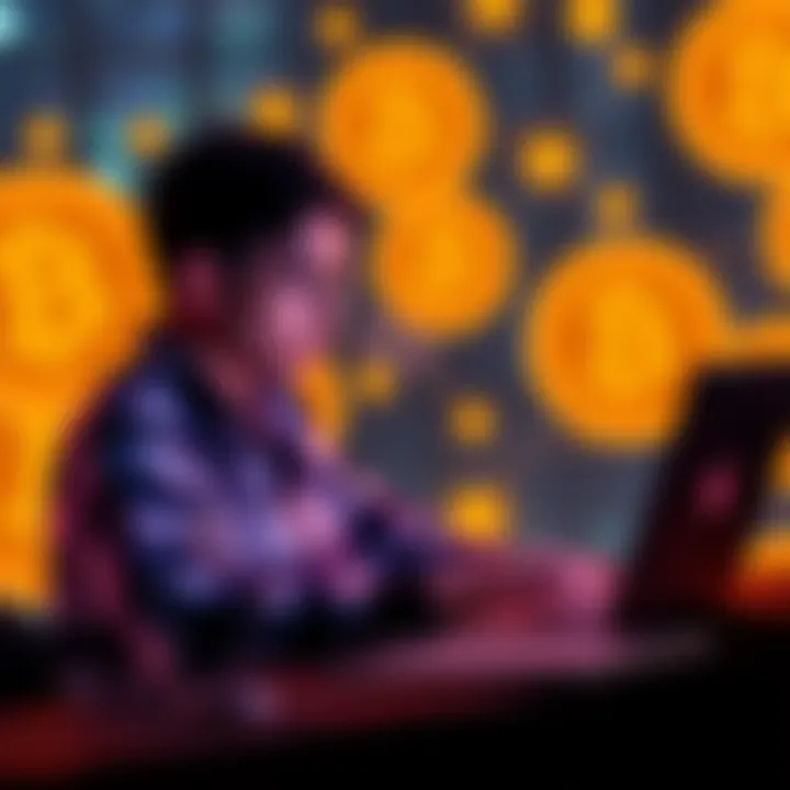 A person using a laptop to explore low fee Bitcoin buying options, with Bitcoin symbols in the background.