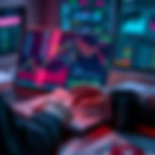 A person analyzing crypto charts and market trends on a laptop with financial documents and a coffee cup nearby