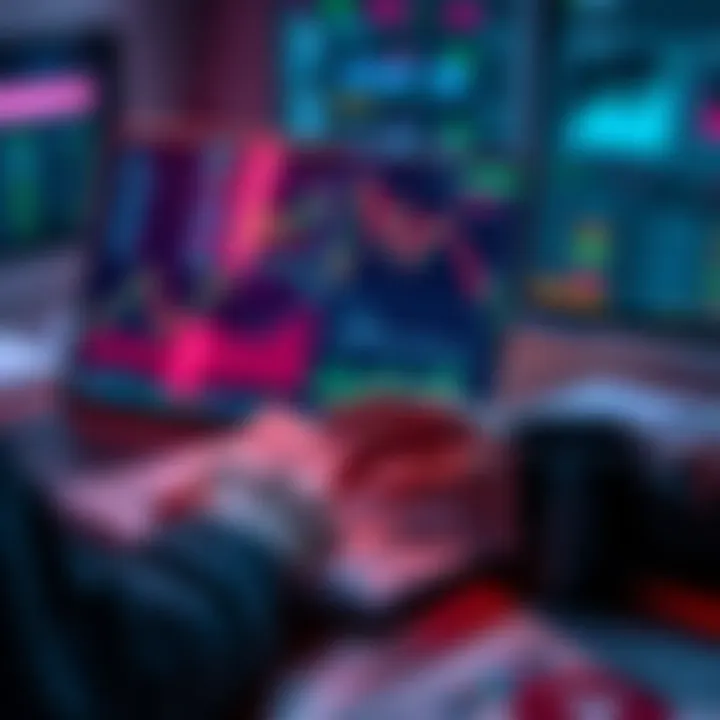 A person analyzing crypto charts and market trends on a laptop with financial documents and a coffee cup nearby