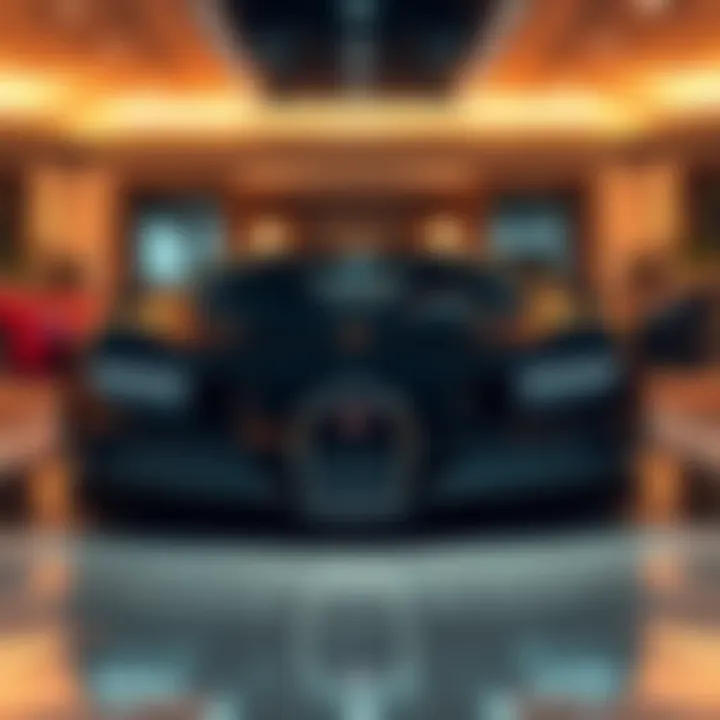 A shiny Bugatti sports car parked in a luxury showroom with bright lighting