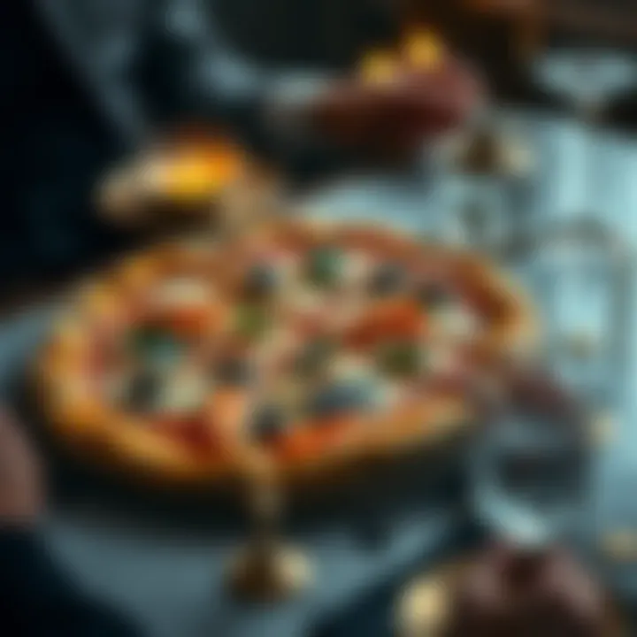 A gourmet pizza topped with gold flakes and exotic ingredients, placed on a fine dining table.