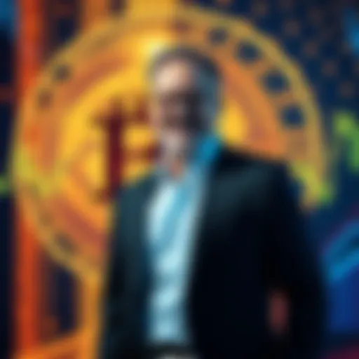 Businessman M. Saylor standing in front of a digital Bitcoin backdrop, showcasing his investment strategy during market downturns.