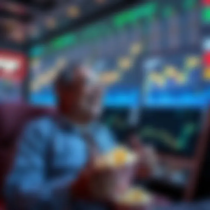 M. Saylor laughing and eating popcorn while watching stock charts on a screen