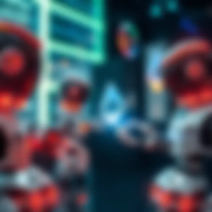 A futuristic scene showing autonomous machines exchanging Monero, with a digital representation of the cryptocurrency symbol in a machine-run environment.