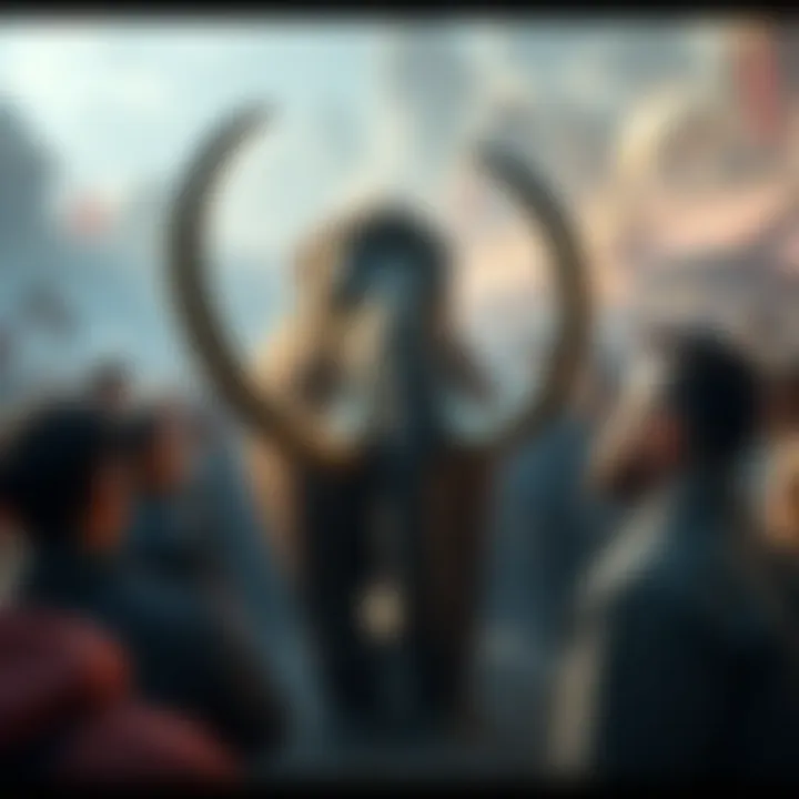 A mammoth stands in the center of a crowd, while a man named Patrick watches with an anxious expression