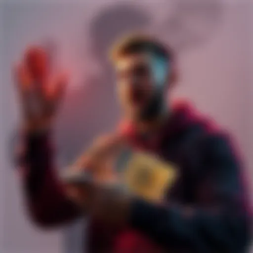 A man confidently showing off his cryptocurrency holdings on social media, while a shadow of family tension looms in the background, representing his father's role as CEO of CMDSS.