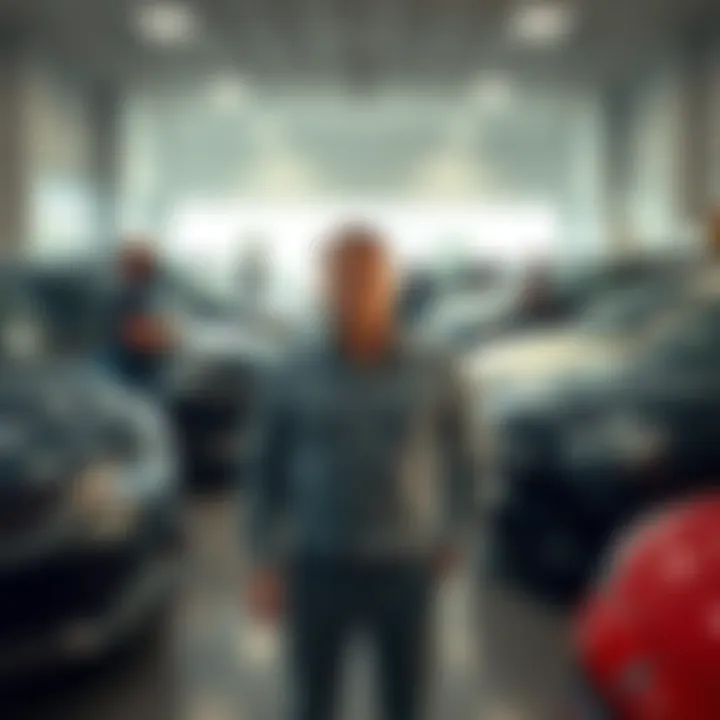 A man standing in a car dealership surrounded by five cars, looking confused and overwhelmed, with dealership staff nearby