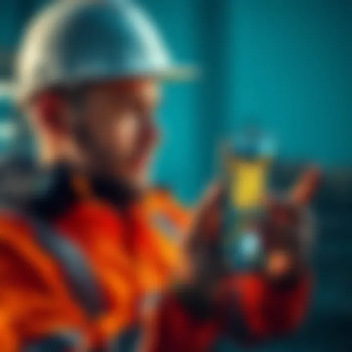 A construction worker looking at his phone with Bitcoin graphics on the screen, pondering investment options in 2026