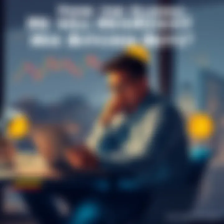 A man sitting at a table with a laptop, looking worried as he reviews charts and notes about his Bitcoin investments, surrounded by bills and sold items.