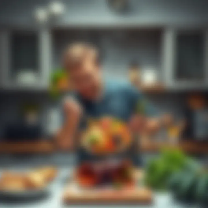 A man stands in a kitchen mixing unusual ingredients together, showcasing a creative and humorous fusion dish that sparks laughter.